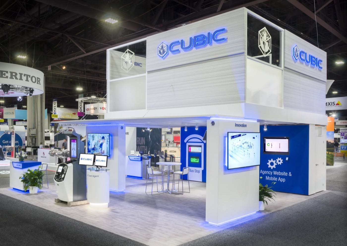 Two-story white Cubic booth with screens