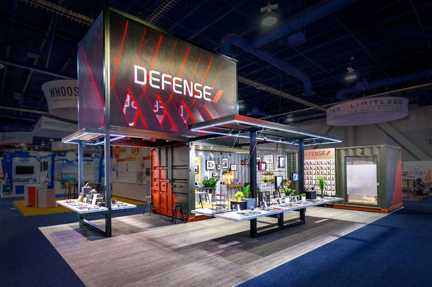 Defense booth with an overhead box sign