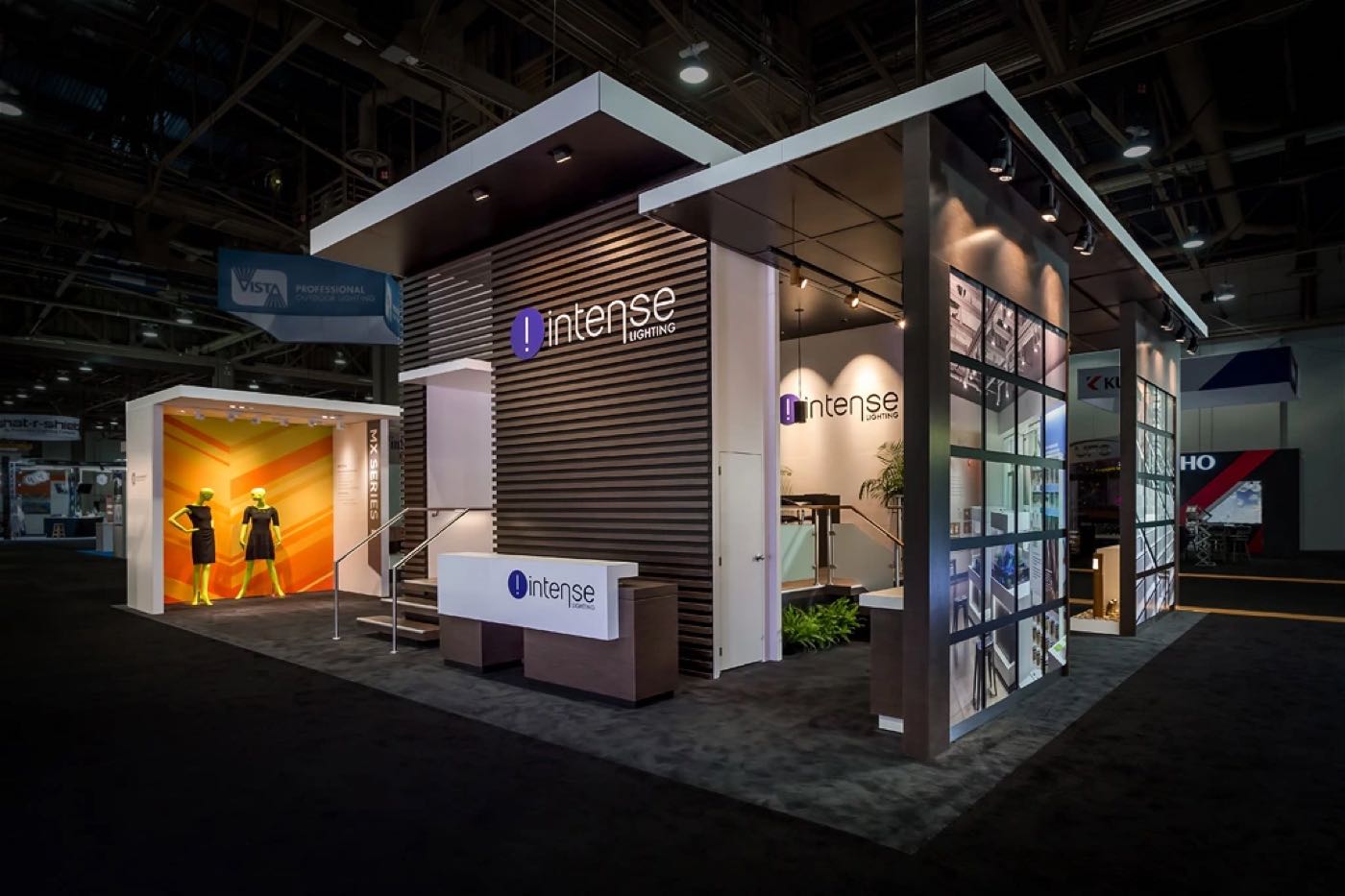 Intense booth with slatted walls and a reception counter